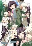  1girl 2boys :d apron bandaged_leg bandages bangs belt black_belt black_pants blush brown_pants commentary_request danganronpa_(series) danganronpa_2:_goodbye_despair dosugon green_jacket grey_hair hat heart highres hinata_hajime jacket kabedon komaeda_nagito leg_between_thighs looking_back mole mole_under_eye multiple_boys nurse nurse_cap pants pink_shirt shirt short_sleeves sitting smile sweat tearing_up teeth tongue tongue_out topless_male translation_request tsumiki_mikan upper_teeth usami_(danganronpa) 