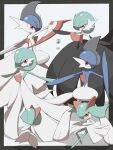  absurdres alternate_color colored_skin commentary_request evolutionary_line eye_contact gallade gardevoir green_hair highres kirlia looking_at_another mega_gallade mega_gardevoir mega_pokemon outstretched_arms pokemon pokemon_(creature) ralts red_eyes shabana_may shiny_pokemon standing stone white_skin 