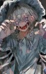  1girl absurdres bangs braid dress ghost glasgow_smile hair_between_eyes hat highres kuchisake-onna long_hair looking_at_viewer mob_cap open_mouth original purple_eyes sharp_teeth siun_5513 teeth twin_braids white_dress white_hair 