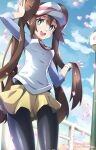  1girl :d bangs black_legwear blush bow breasts bright_pupils brown_hair cloud commentary_request day double_bun fence from_below green_eyes highres legwear_under_shorts long_hair looking_at_viewer miyama-san open_mouth outdoors pantyhose petals pink_bow pokemon pokemon_(game) pokemon_bw2 raglan_sleeves rosa_(pokemon) shirt short_shorts shorts sky smile solo teeth tongue twintails twitter_username upper_teeth visor_cap white_pupils yellow_shorts 