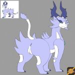  darknsfwindie digital_media_(artwork) fak&eacute;mon female feral fur genitals green_eyes hi_res horn legendary_fakemon looking_back nintendo placien pok&eacute;mon purple_body purple_fur pussy raised_tail simple_background smile solo video_games 