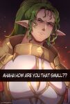  1boy absurdres duma_(fire_emblem) evomanaphy fire_emblem fire_emblem_heroes frown green_hair highres how_are_you_that_small_(meme) long_hair looking_at_viewer looking_down meme pointy_ears ponytail red_eyes slit_pupils white_armor 