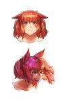  1girl :3 absurdres angry animal_ears avatar_(ff14) bangs cat_ears commentary commission cropped_shoulders ears_down english_commentary facial_mark final_fantasy final_fantasy_xiv floating_hair highres laughing looking_at_viewer looking_away looking_up miqo&#039;te multiple_views portrait red_eyes red_hair round_teeth seneka_grafika sidelocks simple_background slit_pupils teeth twintails whisker_markings white_background 