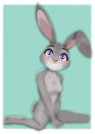  absurd_res anthro barechested blush disney eyelashes feet female fur grey_body grey_fur hi_res judy_hopps lagomorph leporid looking_at_viewer mammal navel nekopumpkin nude paws purple_eyes rabbit scut_tail short_tail smile solo zootopia 