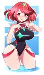  1girl absurdres abysswatchers bangs black_swimsuit breasts chest_jewel competition_swimsuit headpiece highres large_breasts one-piece_swimsuit pyra_(pro_swimmer)_(xenoblade) pyra_(xenoblade) red_eyes red_hair red_swimsuit short_hair solo strapless strapless_swimsuit swept_bangs swimsuit tiara two-tone_swimsuit xenoblade_chronicles_(series) xenoblade_chronicles_2 
