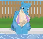  2021 anthro anthrofied big_breasts bikini blue_body breasts clothed clothing edbabygolther female front_view horn huge_breasts lapras looking_at_viewer markings nintendo outside partially_submerged pok&eacute;mon pok&eacute;mon_(species) portrait sitting solo spots spotted_markings swimming_pool swimwear three-quarter_portrait video_games water 
