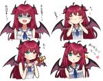 1girl :3 :t =_= ahoge azu_(azusayumix) bangs bare_arms bare_shoulders blue_eyes blush breasts closed_eyes closed_mouth commentary_request cropped_torso demon_girl demon_horns demon_wings dress eyebrows_visible_through_hair hair_between_eyes hands_on_own_face hands_up heterochromia holding holding_wand horns long_hair multiple_views nijisanji one_eye_closed parted_lips pout purple_wings red_eyes red_hair shaded_face simple_background sleeveless sleeveless_dress small_breasts star_(symbol) translation_request two_side_up upper_body v-shaped_eyebrows very_long_hair virtual_youtuber wand white_background white_dress wings yuzuki_roa 