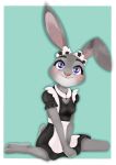  4_fingers absurd_res anthro barefoot blush clothed clothing costume cute_expression disney feet female fingers fur grey_body grey_fur hi_res judy_hopps lagomorph leporid looking_at_viewer maid_apron maid_headdress maid_uniform mammal nekopumpkin purple_eyes rabbit scut_tail short_tail solo uniform zootopia 