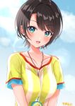  1girl :d artist_name between_breasts black_hair blue_eyes blush breasts collarbone commentary eyebrows_visible_through_hair hololive lanyard looking_at_viewer medium_breasts oozora_haru oozora_subaru shirt short_hair smile solo striped striped_shirt upper_body virtual_youtuber 