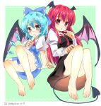  2girls artist_name bangs barefoot bat_wings black_skirt black_vest blue_bow blue_eyes blue_hair blush border bow breasts cirno convenient_leg demon_tail eyebrows_visible_through_hair finger_to_own_chin flat_chest food full_body hair_between_eyes hair_bow hand_up head_wings highres holding holding_food ice ice_wings juliet_sleeves koakuma long_hair long_sleeves looking_at_viewer medium_breasts multiple_girls necktie open_mouth outside_border pink_eyes popsicle popsicle_in_mouth puffy_short_sleeves puffy_sleeves ramudia_(lamyun) red_hair red_necktie short_hair short_sleeves skirt tail toes touhou vest white_border wing_collar wings 