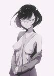  1girl areolae bangs bare_shoulders between_breasts breasts breasts_out closed_mouth collarbone eyebrows_visible_through_hair eyelashes flou glasses highres large_breasts long_sleeves looking_at_viewer medium_breasts monochrome off_shoulder original semi-rimless_eyewear short_hair smile solo star_(symbol) 