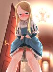  1girl ascot backlighting blonde_hair blue_eyes blue_skirt blush chandelier clothes_lift commentary_request crying door embarrassed flat_chest frilled_skirt frills half-closed_eyes high-waist_skirt highres indoors layered_sleeves lifted_by_self long_hair looking_down mary_(princess_principal) nose_blush one_side_up pee peeing peeing_self princess_principal puffy_sleeves shinbu shirt sidelocks skirt skirt_lift solo standing tears wet wet_clothes white_ascot white_shirt 