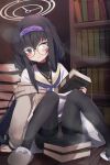  1girl bangs black_hair black_legwear blue_archive blue_eyes blue_neckerchief blush book book_stack bookshelf brown_cardigan cardigan clenched_teeth foot_out_of_frame glasses hair_between_eyes hairband halo highres holding holding_book knees_up kure_(kure_ng) long_hair long_sleeves looking_at_viewer neckerchief panties panties_under_pantyhose pantyhose purple_hairband round_eyewear sailor_collar sitting slippers solo spread_legs teeth ui_(blue_archive) underwear very_long_hair white_panties white_sailor_collar 