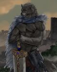  2022 abs anthro armor artist_name biceps big_muscles black_body black_fur blaidd_(elden_ring) building canid canine canis cape claws clothed clothing cloud elden_ring fromsoftware fur hi_res looking_at_viewer male mammal melee_weapon muscular muscular_anthro muscular_male outside patreon pecs plant scar sky smile solo standing sword teeth text topless topless_anthro topless_male tuft unconvincing_armor url video_games watermark weapon wolf zephyxus 