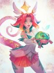  1girl :o absurdres animal artist_name circlet english_commentary furaffinity_username gloves gold_trim gradient_hair green_eyes green_gloves green_hair highres holding holding_animal kardie league_of_legends looking_at_viewer multicolored_hair neeko_(league_of_legends) red_hair short_hair sidelocks skirt solo star_guardian_(league_of_legends) star_guardian_neeko symbol-shaped_pupils tail web_address wing_hair_ornament 