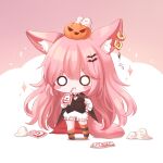  1girl :t animal_ear_fluff animal_ears black_cape black_vest blood blood_bag bloomers blush_stickers cape chibi closed_mouth collared_shirt copyright_request creature drinking ear_piercing fang fang_out full_body hand_on_hip hand_up highres honyang jack-o&#039;-lantern long_hair long_sleeves looking_at_viewer no_shoes o_o piercing pink_background pink_hair red_cape shirt solo sparkle standing striped striped_legwear tail thighhighs thighhighs_pull tomato_juice two-tone_background underwear v-shaped_eyebrows very_long_hair vest white_background white_bloomers white_shirt 