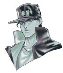  1boy earrings greyscale hat highres inamimi_(sheep1733) jacket jewelry jojo_no_kimyou_na_bouken kujo_jotaro male_focus monochrome portrait solo stardust_crusaders stud_earrings 