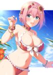  1girl bangs bare_shoulders bikini blue_eyes blue_sky blush braid breasts cleavage collarbone crown_braid flower hair_flower hair_ornament highres horosuke large_breasts looking_at_viewer navel open_mouth pink_hair princess_connect! red_bikini short_hair sky smile solo swimsuit thighs yui_(princess_connect!) 