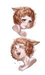  1girl :3 absurdres animal_ears avatar_(ff14) bangs bare_shoulders blush brown_hair cat_ears closed_eyes commentary commission cropped_shoulders crying ears_down english_commentary facial_mark final_fantasy final_fantasy_xiv happy happy_tears highres looking_afar miqo&#039;te multiple_views nose_blush open_mouth portrait round_teeth seneka_grafika short_hair simple_background smile tears teeth tongue whisker_markings white_background yellow_eyes 