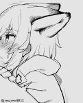  1girl arknights blush coat ear_blush extra_ears eyebrows_visible_through_hair from_side gloves grey_background greyscale implied_fellatio monochrome out-of-frame_censoring profile saliva short_hair simple_background solo_focus sussurro_(arknights) trembling twitter_username yom_(ymayma00ss) 