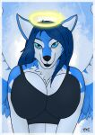  absurd_res anthro blue_body blue_eyes blue_fur blue_hair bra breasts canid canine canis clothing facial_markings female fur hair halo head_markings hi_res lips lipstick makeup mammal markings neck_tuft simple_background smile solo tala_(suntattoowolf) tuft underwear wings wolf zees1 