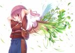  1girl adjusting_clothes animal_ears apron arinu bird_ears bird_wings blue_apron blush closed_mouth eyebrows_visible_through_hair feathered_wings hair_between_eyes japanese_clothes long_sleeves medium_hair mouth_hold mystia_lorelei one_eye_closed pink_eyes pink_hair plant simple_background smile solo touhou upper_body white_background wide_sleeves wings 