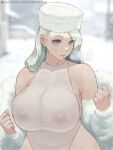  1girl absurdres artist_name bare_shoulders blue_eyes blurry blurry_background breasts clenched_hands closed_mouth eyebrows_visible_through_hair feet_out_of_frame fur fur_hat hands_up hat highleg highres huge_breasts long_hair looking_at_viewer medium_hair melony_(pokemon) outdoors patreon_logo patreon_username pokemon pokemon_(game) pokemon_swsh snow snow_on_body snowing solo standing upper_body white_hair zefrableu 