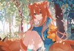  1girl animal_ear_fluff animal_ears bangs blue_hoodie bow chiri_(ch!) clenched_hand cowlick eyebrows_behind_hair forest fox fox_ears fox_girl fox_tail green_eyes hood hoodie idol_(vtuber_group) leaf long_hair nature neo_sparkles orange_hair red_bow sitting smile solo tail tree virtual_youtuber 