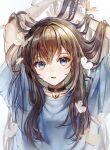  1girl absurdres arms_up bangs blue_eyes blue_shirt blush breasts brown_hair bug butterfly collar commentary_request hair_between_eyes hands_in_hair heart-shaped_lock highres long_hair looking_at_viewer original padlocked_collar parted_lips pipi shirt short_sleeves small_breasts solo upper_body 
