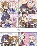  ! 2boys 2girls :3 ? anger_vein animal_ears arataki_itto armor black_hair blush bow brown_hair cardboard_cutout chibi closed_eyes closed_mouth dog_boy dog_ears dog_tail english_text flying_sweatdrops genshin_impact gloves gorou_(genshin_impact) gradient_hair grey_hair heart hetero hina_(blue_archive) horns japanese_armor japanese_clothes kujou_sara long_hair mask mask_on_head multicolored_hair multiple_boys multiple_girls pink_hair puckered_lips red_hair sangonomiya_kokomi shaded_face short_hair sitting sumipic sweat tail tail_wagging white_hair wide_sleeves 