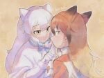  2girls animal_ears arctic_fox_(kemono_friends) blue_bow blue_bowtie blush bow bowtie brown_hair capelet coat extra_ears eyebrows_visible_through_hair finger_to_another&#039;s_mouth fox_ears fox_girl fur_trim gloves hanada_(cobalt003) heart highres kemono_friends long_hair long_sleeves multicolored_hair multiple_girls orange_coat orange_hair red_fox_(kemono_friends) sidelocks white_bow white_bowtie white_capelet white_coat white_fur white_gloves white_hair winter_clothes winter_coat yellow_eyes 