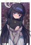 1girl black_hair blue_archive blue_eyes blurry blurry_background blush bookshelf breasts chair commentary_request glaring halo headband highres jewelry jitome long_hair necklace nipples school_uniform sitting small_breasts solo sweater tears ui_(blue_archive) waon_(43ctw) 