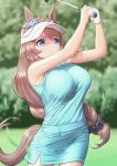  1girl absurdres animal_ears aqua_shirt aqua_skirt bangs bare_arms bare_shoulders blue_bow blue_eyes blurry blurry_background bow braid breasts brown_hair commentary cowboy_shot eyebrows_visible_through_hair golf_club hair_bow highres holding holding_golf_club horse_ears large_breasts long_braid long_hair miniskirt outdoors pencil_skirt shibakarisena shirt skirt skirt_set sleeveless sleeveless_shirt solo standing super_creek_(umamusume) tail umamusume very_long_hair visor_cap 