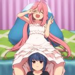  2girls ahoge alternate_costume black_shirt blue_hair blush closed_eyes collarbone double_v dress eyebrows_visible_through_hair hair_between_eyes kagamihara_nadeshiko long_hair multiple_girls open_mouth pink_hair pout purple_eyes shima_rin shirosato shirt smile v white_dress yurucamp 