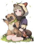  animal animal_hood bake-danuki_(genshin_impact) bangs black_gloves brown_hair closed_eyes fingerless_gloves genshin_impact gloves grass hood hood_up leaf leaf_on_head on_lap sayu_(genshin_impact) short_sleeves short_twintails simple_background sitting tanuki toeless_footwear twintails twitter_username ueauwa white_background 