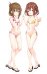  2girls absurdres bare_arms bare_legs bare_shoulders bikini blush breasts brown_eyes brown_hair collarbone commentary_request eyebrows_visible_through_hair flat_chest folded_ponytail frilled_bikini frills front-tie_bikini front-tie_top full_body hair_between_eyes hair_ornament hairclip highres holding_hands ikazuchi_(kancolle) inazuma_(kancolle) jewelry kantai_collection long_hair looking_at_viewer multiple_girls navel open_mouth pink_bikini sandals scrunchie short_hair side-tie_bikini simple_background small_breasts smile standing string_bikini swimsuit white_background wrist_scrunchie xue_lu yellow_bikini 