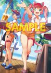  2girls alcohol animal_ears aqua_eyes ass bangs beach beer beer_mug blue_footwear blue_hair blue_sky blurry blurry_foreground blush bracelet breasts chair character_request cleavage cloud cloudy_sky collared_shirt copyright_request cup day depth_of_field drink dutch_angle fangs green_eyes hamashima_shigeo holding holding_cup holding_tray horizon jewelry kneepits long_hair mug multiple_girls navel ocean open_mouth orange_eyes orange_shorts outdoors outstretched_arm palm_tree palms pink_hair railing reaching_out sample_watermark shirt shoes shore short_shorts shorts sky smile sneakers spilling standing tail thigh_strap tied_shirt tray tree twintails umbrella visor_cap waitress watermark waving 
