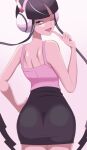  ass ass_focus black_hair black_skirt blouse colored_skin elesa_(pokemon) eyebrows_visible_through_hair finger_to_mouth highres looking_at_viewer looking_back one_eye_closed pink_blouse pokemon pokemon_(game) pokemon_bw pokemon_bw2 simple_background skirt vivivoovoo white_background white_skin 