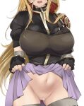  1girl armor ass_visible_through_thighs bar_censor black_gloves black_shirt blonde_hair breastplate breasts censored clarisse_(fire_emblem) clothes_lift cowboy_shot fingerless_gloves fire_emblem fire_emblem:_new_mystery_of_the_emblem fire_emblem_heroes gloves groin head_out_of_frame highres large_breasts lifted_by_self long_hair miniskirt navel no_panties open_mouth out_of_frame pussy shirt short_sleeves simple_background skirt skirt_lift solo thighhighs toshimasa_(ztvy3575) very_long_hair white_background 