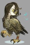  1girl :3 amiami bags_under_eyes bird brown_hair closed_mouth grey_background hair_between_eyes long_hair monster_girl musical_note original simple_background siren_(mythology) smile solo talons yellow_eyes 