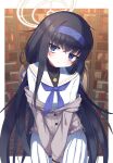  1girl black_hair blue_archive blue_eyes blurry blurry_background blush bookshelf chair commentary_request glaring halo headband highres jewelry jitome long_hair necklace school_uniform sitting solo sweater ui_(blue_archive) waon_(43ctw) 