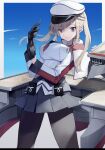  1girl absurdres black_gloves black_legwear blonde_hair breasts capelet commentary_request cowboy_shot cross gloves graf_zeppelin_(kancolle) grey_eyes hair_between_eyes hat highres jacket kantai_collection large_breasts looking_at_viewer machinery military military_hat military_uniform miniskirt multicolored_background necktie pantyhose peaked_cap picoli1313 sidelocks simple_background skirt solo tsurime twintails uniform white_background 