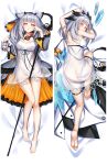  1girl arknights ass bare_back blush breasts cirnos coat coat_removed criss-cross_halter dakimakura_(medium) dress eyebrows_visible_through_hair full_body goggles goggles_around_neck grey_coat grey_hair halterneck holding holding_staff knee_up looking_at_viewer looking_back lying medium_breasts medium_hair nipples on_back on_bed on_stomach open_clothes open_coat orange_eyes owl_ears ptilopsis_(arknights) rubbing_eyes see-through_dress sleep_bubble solo spaghetti_strap staff white_dress 