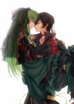  1boy 1girl backlighting black_choker black_dress black_hair black_sleeves c.c. carrying choker closed_eyes closed_mouth code_geass couple detached_sleeves dress green_dress green_hair hetero highres layered_dress lelouch_lamperouge long_hair long_sleeves okuseric princess_carry profile short_hair simple_background strapless strapless_dress very_long_hair white_background 