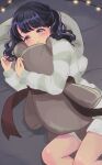  1girl artist_request black_hair blush commentary_request fangs fukumaru_koito highres idolmaster idolmaster_shiny_colors long_sleeves lying object_hug on_bed on_side pajamas pillow purple_eyes shorts skin_fangs solo stuffed_animal stuffed_toy teddy_bear thighs twintails 