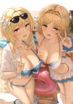  2girls akita_hika bangs bare_shoulders beach bikini blonde_hair blue_bikini blush breasts brown_eyes check_commentary cleavage clothing_cutout collarbone commentary_request crossover diadem djeeta_(granblue_fantasy) double_v dress_swimsuit eyewear_on_head feather_hair_ornament feathers flower genshin_impact granblue_fantasy hair_flower hair_ornament highres innertube large_breasts looking_at_viewer lumine_(genshin_impact) medium_hair multiple_girls navel navel_cutout open_clothes open_shirt shirt short_hair short_sleeves sidelocks sunglasses swimsuit thighs v white_shirt white_swimsuit yellow_eyes 