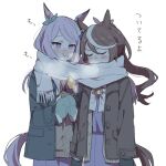  2girls :t animal_ears bangs blush bow bowtie breath brown_coat brown_hair chewing_gum closed_mouth coat cold commentary_request ear_bow food food_on_face green_coat holding holding_food horse_ears horse_girl horse_tail long_hair long_sleeves mejiro_mcqueen_(umamusume) mittens multicolored_hair multiple_girls nose_blush ponytail purple_bow purple_bowtie purple_eyes purple_hair purple_shirt ree_(re-19) scarf school_uniform shared_scarf shirt simple_background sound_effects streaked_hair sweet_potato tail tokai_teio_(umamusume) tracen_school_uniform translation_request umamusume white_background 