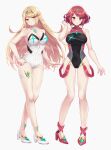  2girls bangs black_swimsuit blonde_hair breasts chest_jewel competition_swimsuit gem headpiece highres large_breasts multiple_girls mythra_(radiant_beach)_(xenoblade) one-piece_swimsuit pyra_(pro_swimmer)_(xenoblade) pyra_(xenoblade) red_eyes red_hair red_swimsuit ribbed_swimsuit shinae short_hair strapless strapless_swimsuit striped striped_swimsuit swept_bangs swimsuit tiara two-tone_swimsuit vertical-striped_swimsuit vertical_stripes white_swimsuit xenoblade_chronicles_(series) xenoblade_chronicles_2 