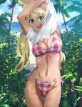  1girl :d absurdres artist_request bangs bare_shoulders beach bikini blonde_hair breasts dark-skinned_female dark_skin dumbbell_nan_kilo_moteru? eyelashes fang green_eyes gyaru happy highres large_breasts long_hair looking_at_viewer navel ocean open_mouth palm_tree sakura_hibiki shirt smile solo source_request standing swimsuit tan tree twintails undressing vegetation white_shirt 