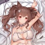  1girl ahoge angelina_(arknights) animal_ears arknights blush breasts brown_hair cat_cutout cirnos clothing_cutout collar collarbone crop_top extra_ears eyebrows_visible_through_hair fox_ears grey_collar large_breasts long_hair looking_at_viewer lying on_back on_bed red_eyes shirt smile solo twintails upper_body white_shirt 
